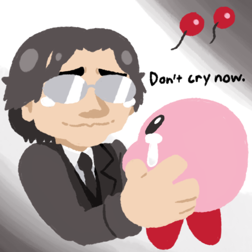 ambiguous_gender balloon black_hair bodily_fluids crying duo eyewear glasses hair inflatable male not_furry tears text unknown_artist kirby_(series) nintendo real_world kirby satoru_iwata human mammal waddling_head 1:1 english_text in_memoriam low_res