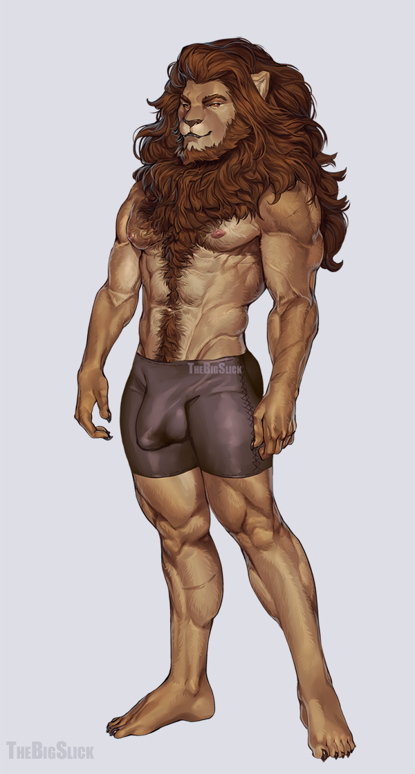 anthro beard body_hair bulge clothed clothing detailed_bulge facial_hair genital_outline grey_background happy_trail male muscular muscular_anthro muscular_male penis_outline simple_background smile solo standing tight_clothing topless underwear thebigslick kingsguard leandros_(kingsguard) felid lion mammal pantherine digital_media_(artwork)