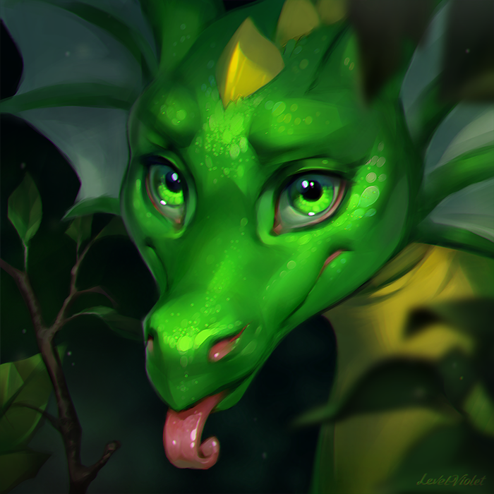 ambiguous_gender blep chromatic_aberration countershading green_body green_eyes green_scales leaf looking_at_viewer scales solo spikes tongue tongue_out levelviolet mythology slither_(slither) dragon mythological_creature mythological_scalie scalie 1:1 2019 digital_media_(artwork) digital_painting_(artwork)