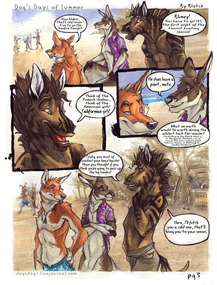 anthro bar beach clothing crossed_arms female group male outside seaside text blotch diego_(blotch) canid canine deer equid equine fox horse kangaroo macropod mammal marsupial comic english_text