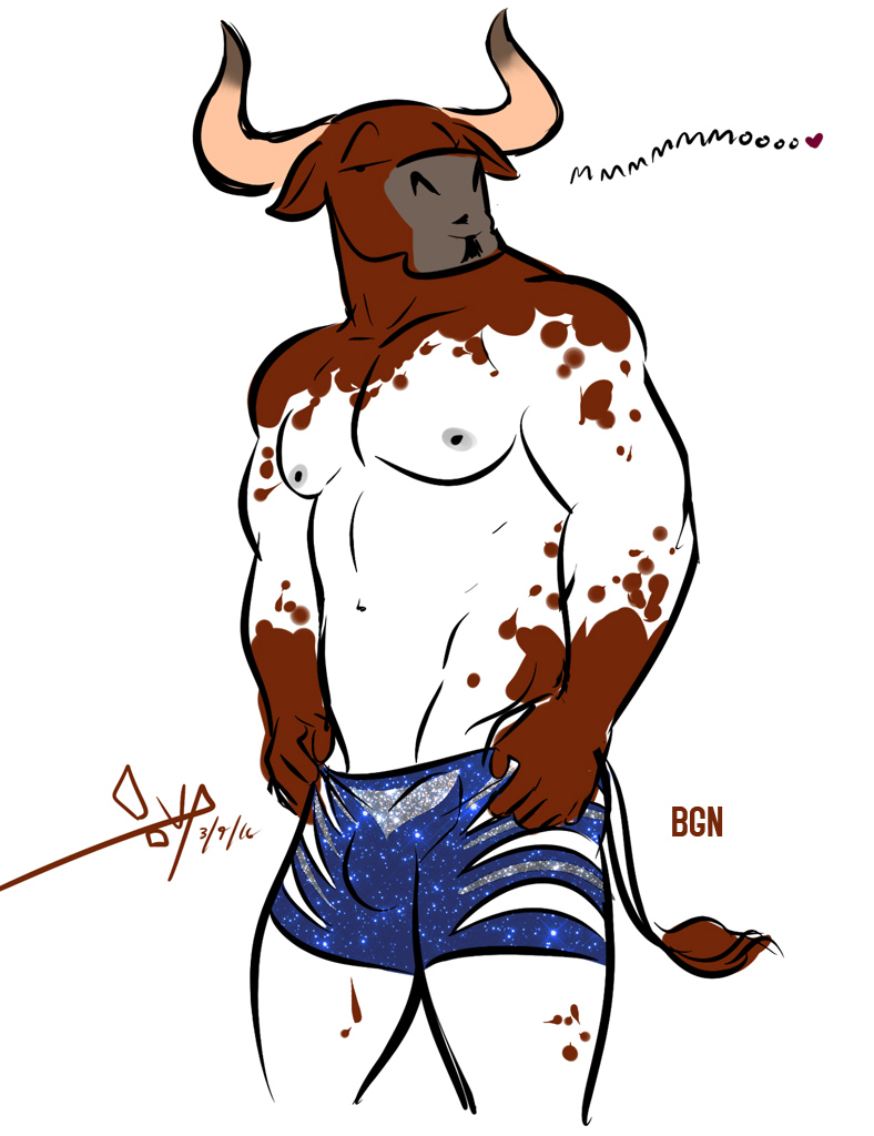 anthro bottomwear clothed clothing glitter heart_symbol male nipples shorts simple_background solo topless white_background zootopia_shorts bgn bruce_(bgn) bovid bovine cattle mammal 2016