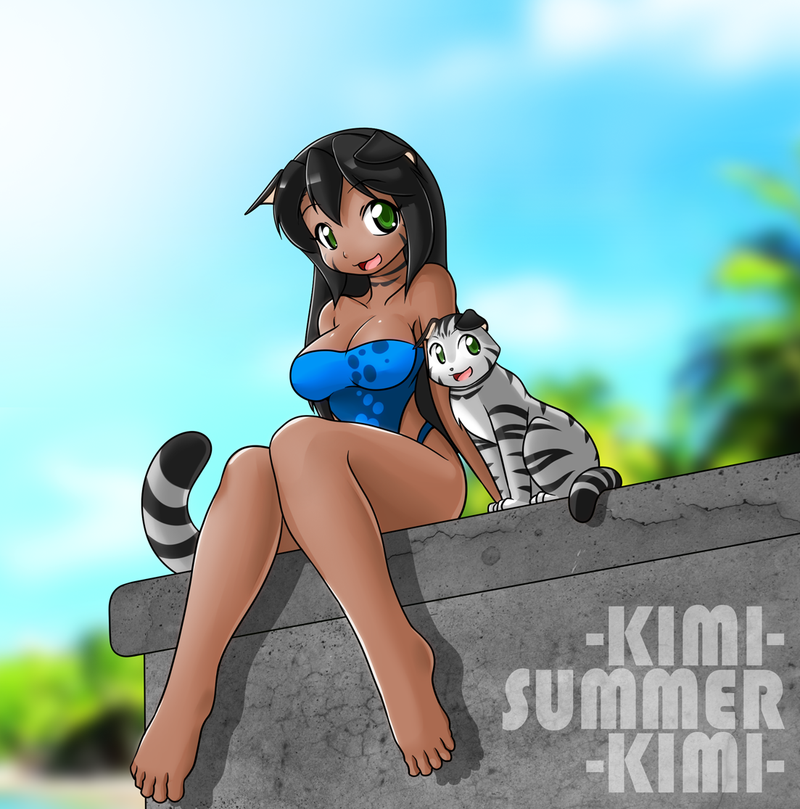 5_toes barefoot big_breasts black_hair black_stripes breasts cat_tail clothed clothing duo facial_markings feet female feral green_eyes hair head_markings long_hair markings one-piece_swimsuit open_mouth outside plantigrade smile square_crossover stripes swimwear toes nekonny caribbean_blue kimi_(caribbean_blue) animal_humanoid cat_humanoid domestic_cat felid felid_humanoid feline feline_humanoid felis humanoid mammal mammal_humanoid