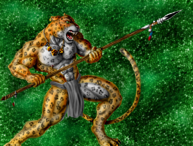 anthro bottomwear clothing countershading digitigrade ear_piercing ear_ring fangs green_background green_eyes jewelry loincloth looking_sideways male markings melee_weapon muscular necklace piercing polearm ring_piercing simple_background solo spear spots spotted_body teeth weapon sudonym felid jaguar mammal pantherine 1998