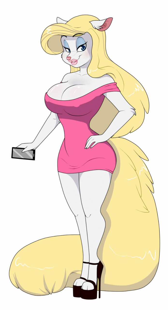 anthro bimbofication blonde_hair blue_eyes clothed clothing female fur glistening glistening_eyes hair lips looking_at_viewer narrowed_eyes nipple_outline pink_clothing pink_inner_ear pink_lips pink_topwear simple_background solo standing tail topwear white_background white_body white_fur yellow_tail milk-jug animaniacs warner_brothers minerva_mink full-length_portrait hi_res portrait