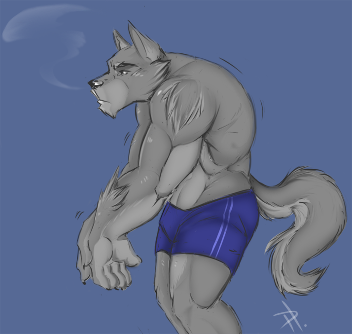 5_fingers anthro biped black_nose blue_background blue_clothing blue_underwear boxer_briefs claws clothed clothing fingers fur grey_body grey_fur male motion_lines muscular muscular_anthro muscular_male pose side_view simple_background skimpy smoke smoke_from_nose solo standing tail topless underwear psycohound canid canine canis mammal wolf colored_sketch sketch