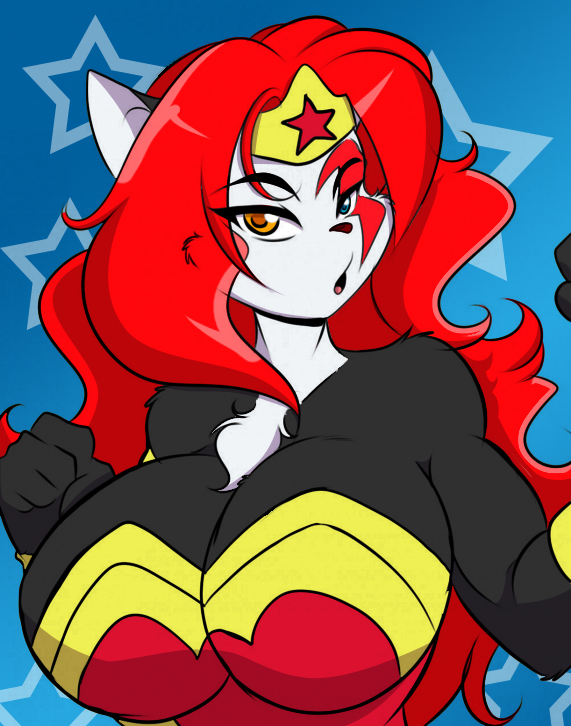 anthro big_breasts blue_eyes breasts chest_tuft cleavage clothed clothing cosplay female hair heterochromia huge_breasts long_hair looking_at_viewer muscular muscular_anthro muscular_female orange_eyes red_hair skimpy solo tuft mastergodai mramp dc_comics eliza_(mastergodai) wonder_woman domestic_cat felid feline felis mammal