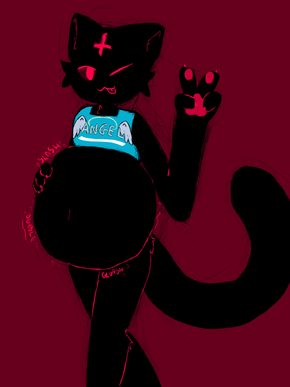 4_fingers :3 ambiguous_anthro ambiguous_gender anthro anthro_pred belly biped black_arms black_belly black_body black_ears black_face black_fur black_hands black_legs black_tail blep blue_clothing blue_crop_top blue_shirt blue_topwear bodily_noises bottomless burble_(sound_effect) cheek_tuft claws closed_smile clothed clothing crop_top cross derived_sound_effect digestion_noises ears_up facial_markings facial_tuft finger_claws fingers forehead_markings fully_inside fur gesture hand_gesture hand_on_belly hand_on_own_belly head_markings inverted_cross long_tail looking_at_viewer markings monotone_arms monotone_background monotone_belly monotone_body monotone_face monotone_fur monotone_legs monotone_tail mostly_nude_ambiguous mostly_nude_anthro mouth_closed navel one_eye_closed onomatopoeia pawpads pupils red_background red_eyes red_pawpads red_pupils red_text shirt simple_background slit_pupils slosh sloshing_belly smile smiling_at_viewer soft_vore solo sound_effects tail text text_on_clothing text_on_crop_top text_on_topwear tongue tongue_out topwear topwear_only tuft unseen_prey v_sign vore wink winking_at_viewer tcsrjx domestic_cat felid feline felis mammal 2023 character_request digital_drawing_(artwork) digital_media_(artwork) english_description english_text guide_lines portrait three-quarter_portrait