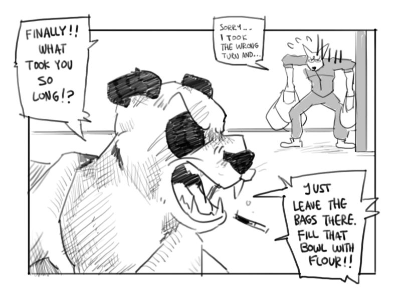 anthro bag cigarette duo male standing text yelling shtarfish beastars gouhin_(beastars) legoshi_(beastars) bear canid canine canis giant_panda mammal wolf 2017 4:3 comic english_text monochrome