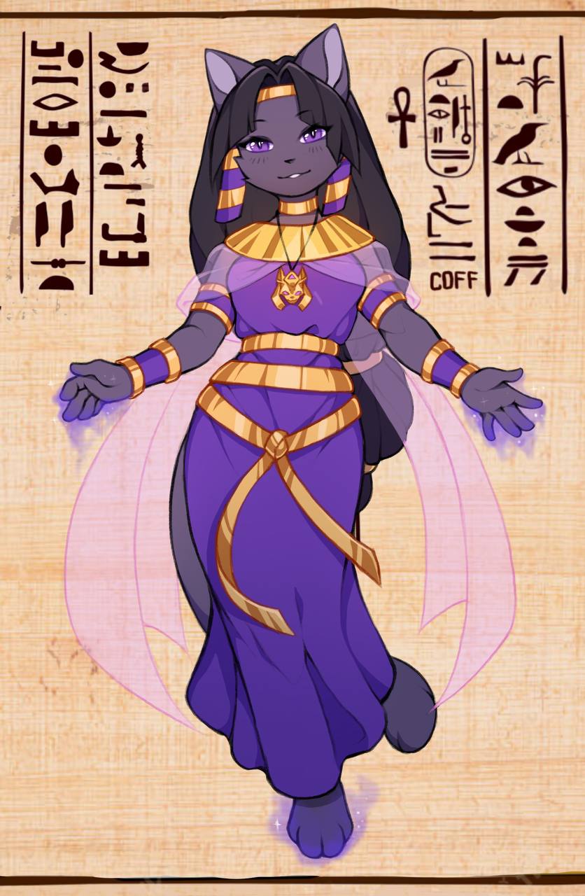 5_fingers ankh anthro clothed clothing egyptian egyptian_clothing eyebrows female fingers fully_clothed fur grey_arms grey_body grey_ears grey_fur hair happy hieroglyphics jewelry looking_at_viewer necklace pose smile solo tail text coff egyptian_mythology middle_eastern_mythology mythology bast deity domestic_cat felid feline felis mammal full-length_portrait hi_res portrait