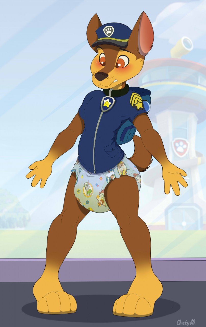 4_fingers anthro backpack blue_diaper blush bodily_fluids clothed clothing collar diaper fingers genital_fluids hat headgear headwear orange_eyes pattern_diaper shirt solo standing topwear unclean_diaper urine used_diaper wearing_diaper wet_diaper wetting mistydash paw_patrol chase_(paw_patrol) canid canine canis domestic_dog german_shepherd herding_dog mammal pastoral_dog 2019 hi_res