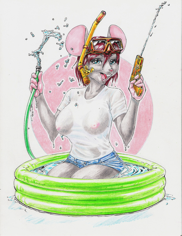 anthro areola arms_bent bent_legs biped blue_eyes breasts buckteeth clothed clothing eyewear female front_view fully_clothed goggles gun holding_hose holding_object holding_toy holding_toy_gun holding_water_gun hose inflatable kiddie_pool kneeling legs_in_water legs_together nipples partially_submerged playful ranged_weapon seiza shallow_water shirt simple_background sitting sitting_in_water snorkel solo submerged_legs swimming_pool teeth topwear toy toy_gun translucent translucent_clothing translucent_topwear water water_gun water_hose weapon wet wet_clothing wet_shirt wet_topwear white_background lizebra mammal mouse murid murine rodent