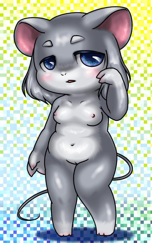 anthro blue_eyes breasts exposure_variation female fur genitals grey_hair hair knock-kneed navel nipples open_mouth pattern_background pussy simple_background slightly_chubby small_breasts solo standing box_xod mammal mouse murid murine rodent 2016 5:8