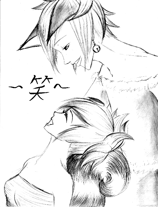 anthro clothed clothing crossdressing duo ear_piercing femboy hair male off_shoulder piercing text kurotsuiki canid canine fox mammal yuki_(disambiguation) digital_drawing_(artwork) digital_media_(artwork) greyscale japanese_text monochrome translated