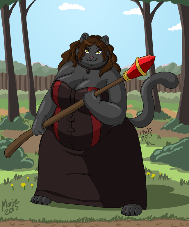 anthro breasts cleavage clothed clothing female forest magic_staff obese overweight plant solo tree bigladydragon domestic_cat felid feline felis mammal 5:6