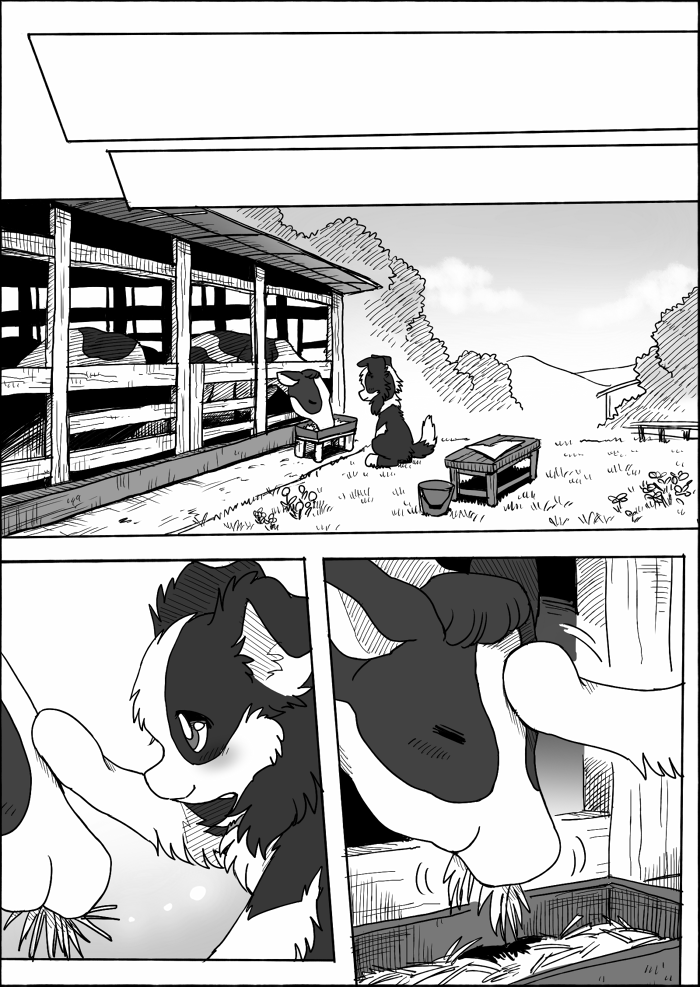 detailed_background duo female feral outside petting plant ayaka anna_(ayaka) bovid bovine canid canine canis cattle collie domestic_dog herding_dog mammal pastoral_dog sheepdog 2021 comic monochrome right_to_left