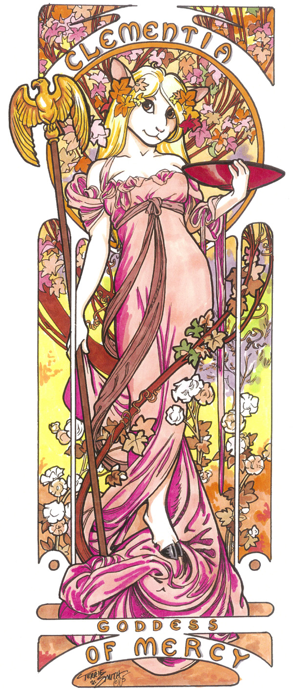 anthro art_nouveau blonde_hair bowl brown_eyes clothing container dress female fur hair hooves leaf leaf_in_hair looking_at_viewer plant scepter solo text tree white_body white_fur terrie_smith clementia_(deity) bovid caprine deity mammal sheep 2005 english_text hi_res