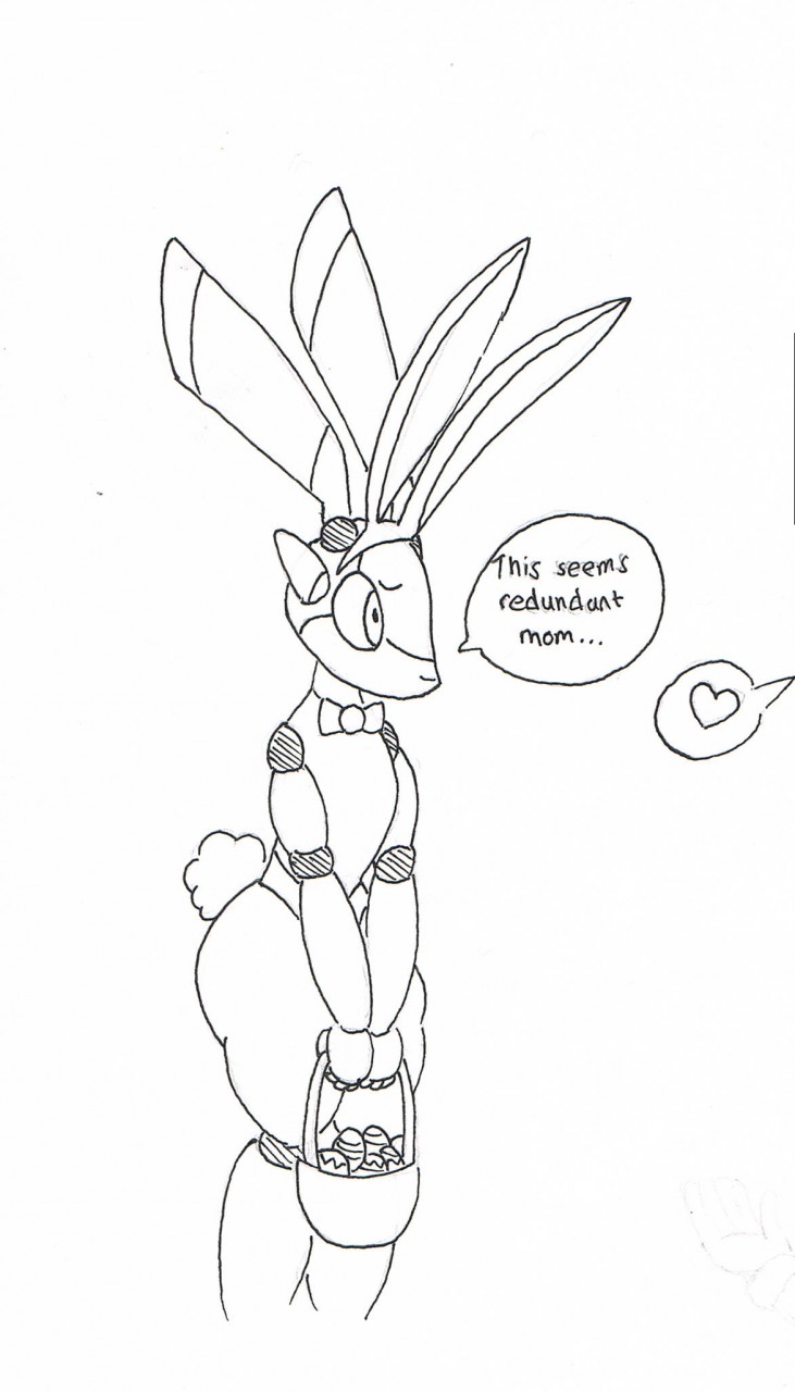 anthro bow_tie fake_ears fake_rabbit_ears heart_symbol holidays machine male scut_tail short_tail solo tail text jiqqy easter 13un lagomorph leporid mammal rabbit robot english_text hi_res monochrome sketch