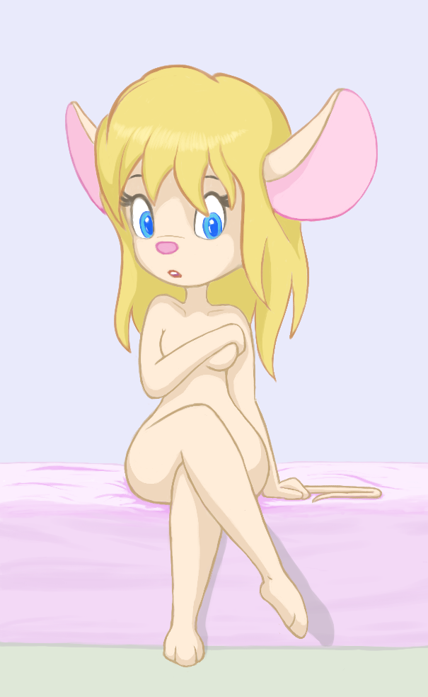 anthro bed blonde_hair blue_eyes breasts covering covering_breasts covering_crotch covering_self crossed_legs embarrassed female furniture hair looking_at_viewer nude on_bed shy sitting sitting_on_bed solo itsjustflesh chip_'n_dale_rescue_rangers disney gadget_hackwrench mammal mouse murid murine rodent 2022