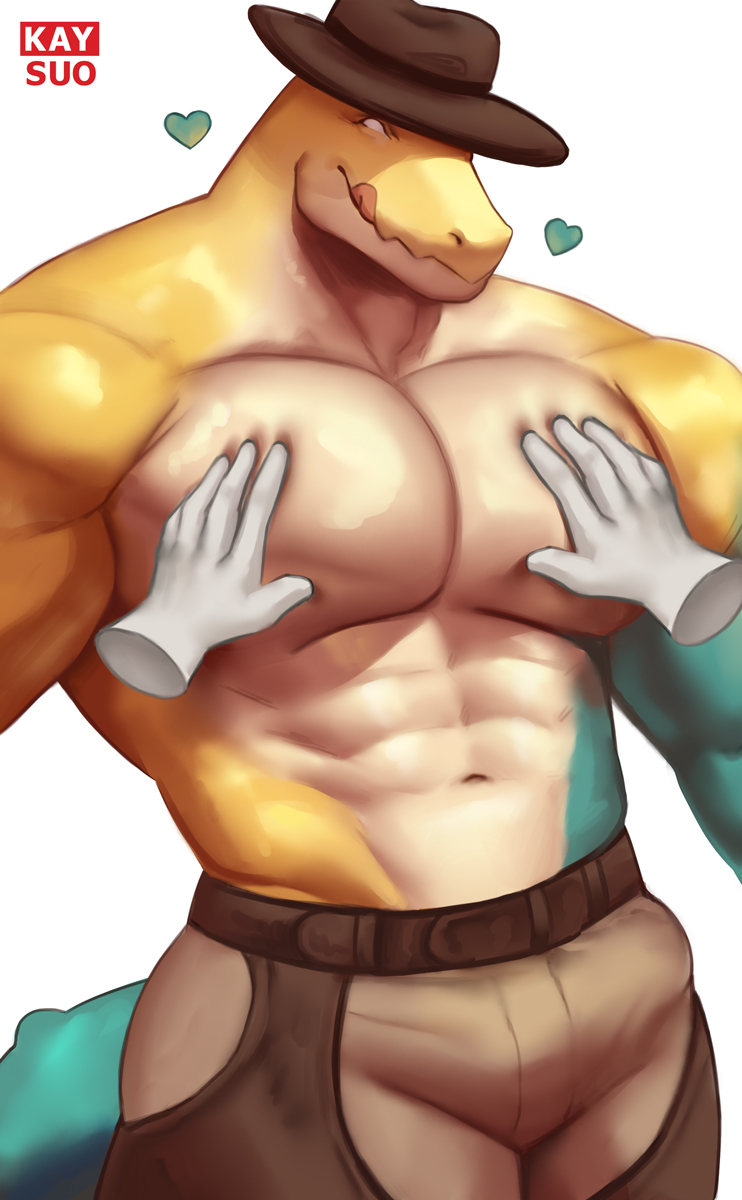 abs anthro barazoku belt big_bulge big_muscles big_pecs bottomwear bulge candy clothing cowboy_hat cowboy_outfit dessert disembodied_hand duo food glistening glistening_abs glistening_body glistening_pecs gummy_(food) hairless hairless_body hat headgear headwear heart_symbol huge_pecs leather leather_clothing logo male manly multicolored_body muscular muscular_anthro muscular_arms muscular_male navel no_pupils pants pec_grab pec_play pec_squeeze pecs simple_background smile tail thick_thighs tongue tongue_out white_background white_eyes kaysuoae glitch_productions the_amazing_digital_circus gummigoo_(tadc) alligatorid crocodile crocodilian food_creature gummy_creature living_candy lizard reptile scalie 2024 artist_logo artist_name digital_drawing_(artwork) digital_media_(artwork) hi_res