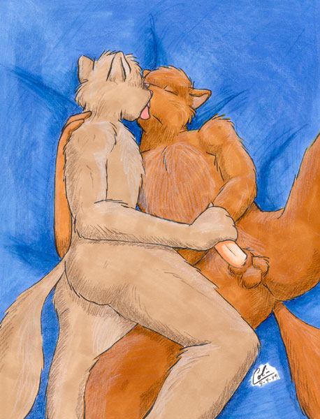 animal_genitalia anthro balls bed_sheet bedding blue_bed_sheet brown_body brown_fur butt duo eyes_closed fur genitals hand_on_back handjob high-angle_view humanoid_genitalia humanoid_penis hybrid_genitalia hybrid_penis kissing licking male male/male mutual_masturbation nude obscured_handjob penile penis pink_penis sex sheath sheathed_humanoid_penis spread_legs spreading tan_body tan_fur tongue tongue_out guppy_(artist) domestic_cat felid feline felis mammal 1999 signature traditional_media_(artwork)