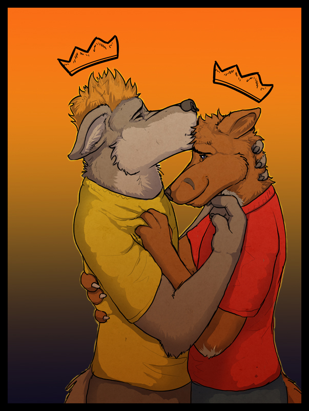 anthro black_border border clothed clothing crown duo headgear kissing male male/male simple_background smile standing amixeduppuppy canid canine mammal