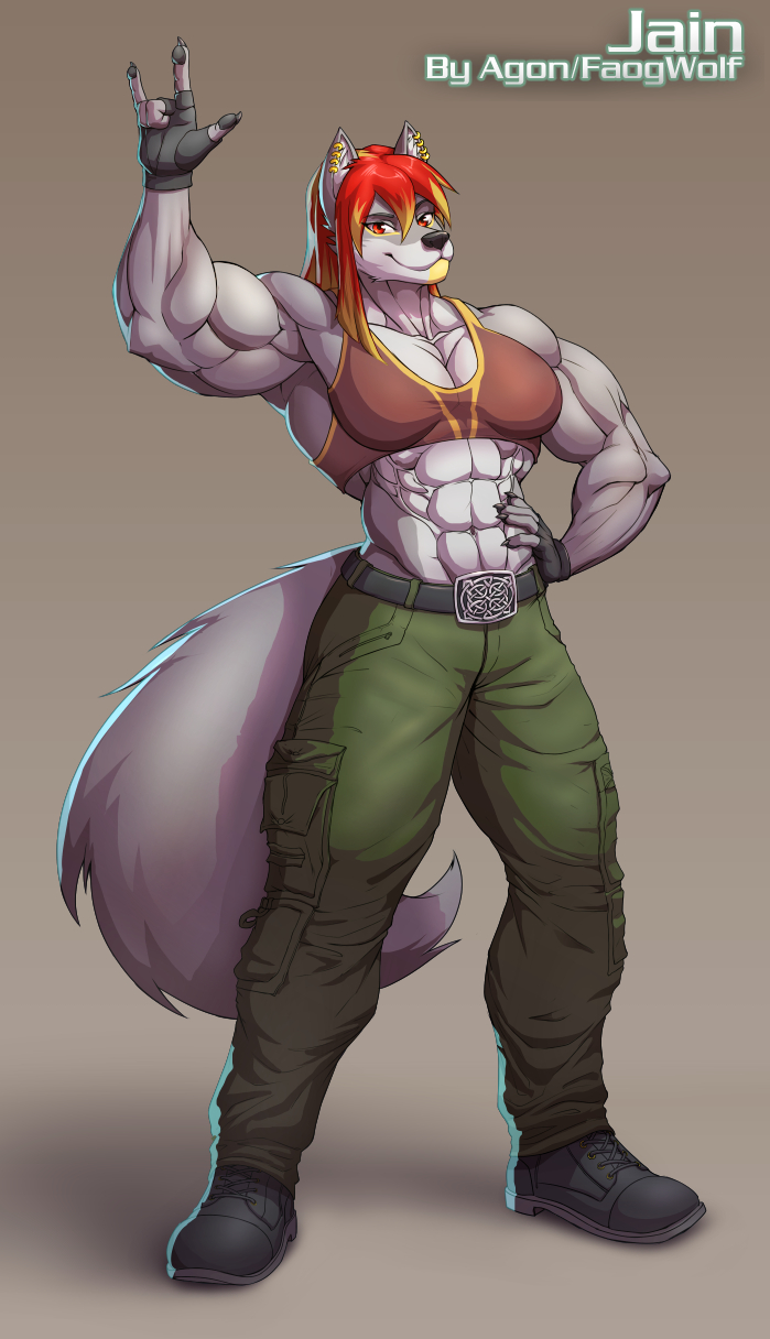 abs anthro biceps big_muscles blonde_highlights boots bottomwear breasts broad_shoulders cargo_pants claws clothed clothing deltoids devil_horns_(gesture) female footwear fur gesture gloves gradient_background grey_body grey_fur hair hand_gesture hand_on_hip handwear highlights_(coloring) looking_at_viewer muscular muscular_anthro muscular_female pants pose red_eyes red_hair shirt shoes simple_background solo standing tank_top tomboy topwear agonwolfe blinkblinkblink valkairis_sarikblod canid canine canis mammal wolf hi_res