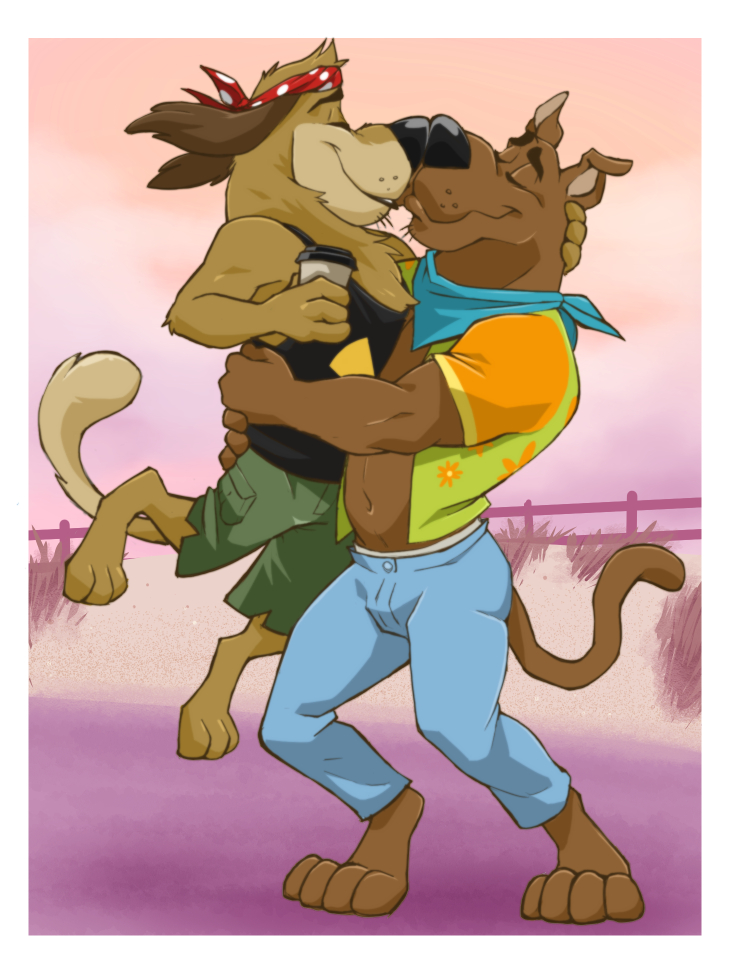 anthro beverage border bottomwear brown_body brown_fur carrying_another carrying_partner clothing coffee duo fence fur kerchief male male/male muscular neckerchief neckwear nose_to_nose outside romantic romantic_couple shirt shorts tan_body tan_fur tank_top topwear white_border zurdomon hanna-barbera johnny_test_(series) scooby-doo_(series) dukey scooby-doo canid canine canis domestic_dog great_dane mammal mastiff molosser