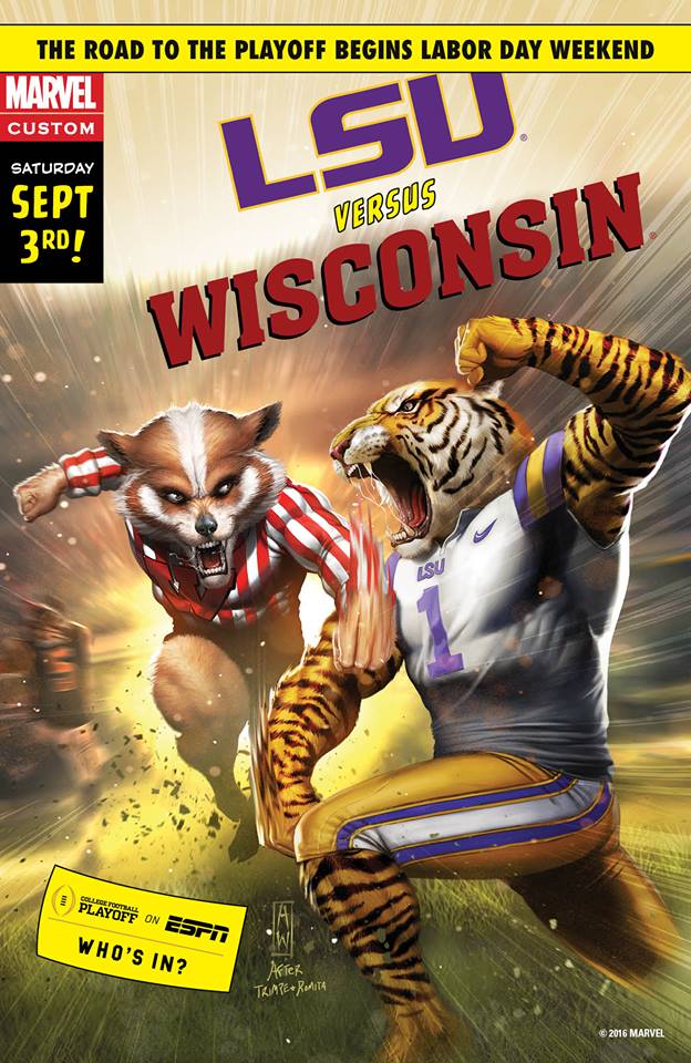 american_football anthro clothing fight fist male mascot muscular open_mouth shirt sport text text_on_clothing text_on_shirt text_on_topwear topwear wisconsin unknown_artist college_football espn louisiana_state_university lsu_tigers marvel ncaa nike university_of_wisconsin wisconsin_badgers bucky_badger mike_the_tiger badger felid honey_badger mammal mustelid musteline pantherine tiger 2016 english_text official_art