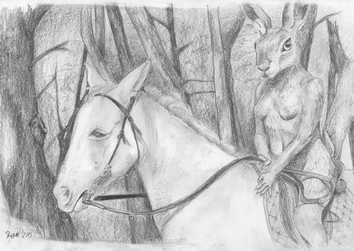 duo female feral male nude foxia equid equine hare horse lagomorph leporid mammal greyscale monochrome