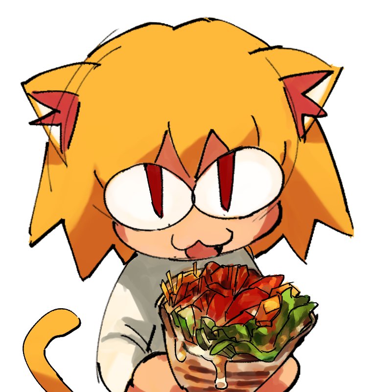 :3 blonde_hair cat_smile cheese clothing dairy_products featureless_hands female food hair holding_food holding_object inner_ear_fluff light_body light_skin looking_at_viewer meat open_mouth open_smile orange_hair orange_tail plant pupils raised_tail red_inner_ear_fluff red_pupils simple_background slit_pupils smile solo sweater tail topwear tuft vegetable white_background white_clothing white_sweater white_topwear yellow_tail paccha_(artist) tsukihime type-moon neco-arc animal_humanoid cat_humanoid domestic_cat felid felid_humanoid feline feline_humanoid felis humanoid mammal mammal_humanoid neco_spirit 2022