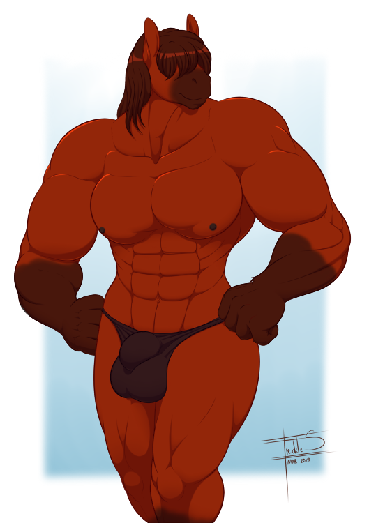 abs anthro balls_outline big_bulge biped bottomwear brown_hair bulge clothed clothing detailed_bulge fur genital_outline hair hands_on_hips long_hair male male_anthro multicolored_body multicolored_fur muscular muscular_anthro muscular_male nipples pecs red_body red_fur simple_background solo standing tail text thong underwear freckles_(artist) cayenne_(freckles) equid equine horse mammal 2013 digital_media_(artwork)