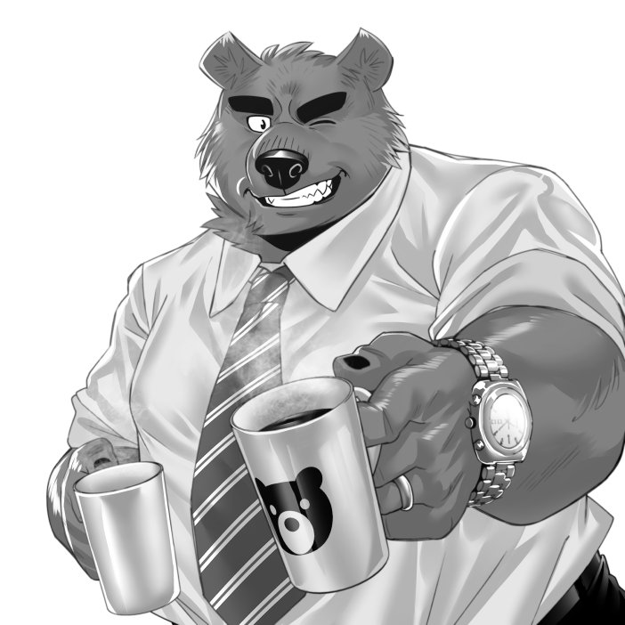 5_fingers anthro beverage biped black_nose bottomwear cheek_tuft clenched_teeth clock clothed clothing coffee container cup eyebrows facial_tuft fangs fingers front_view fur fur_tuft half-closed_eyes head_tuft holding_object looking_at_viewer male muscular muscular_anthro muscular_male nails narrowed_eyes neck_tuft necktie offering_beverage offering_to_viewer one_eye_closed pants ring shirt simple_background small_ears smile solo standing teeth thick_eyebrows three-quarter_view topwear tuft watch white_background white_clothing white_shirt white_topwear wink wristwatch oaks16 bear mammal ursine 1:1 2018 digital_drawing_(artwork) digital_media_(artwork) greyscale monochrome