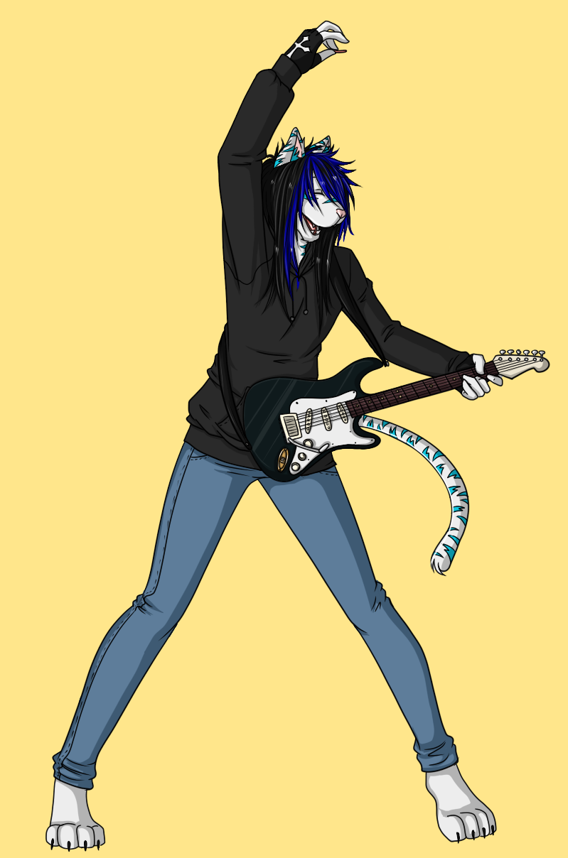 5_fingers anthro biped blue_hair bottomwear clothing denim denim_bottomwear denim_clothing fingers guitar hair happy hoodie jeans male musical_instrument pants playing_guitar playing_music plucked_string_instrument simple_background solo string_instrument stripes tail topwear whammy_bar yellow_background theshoujoprince wolframkyo logic_kennedy felid mammal pantherine tiger 2011 hi_res