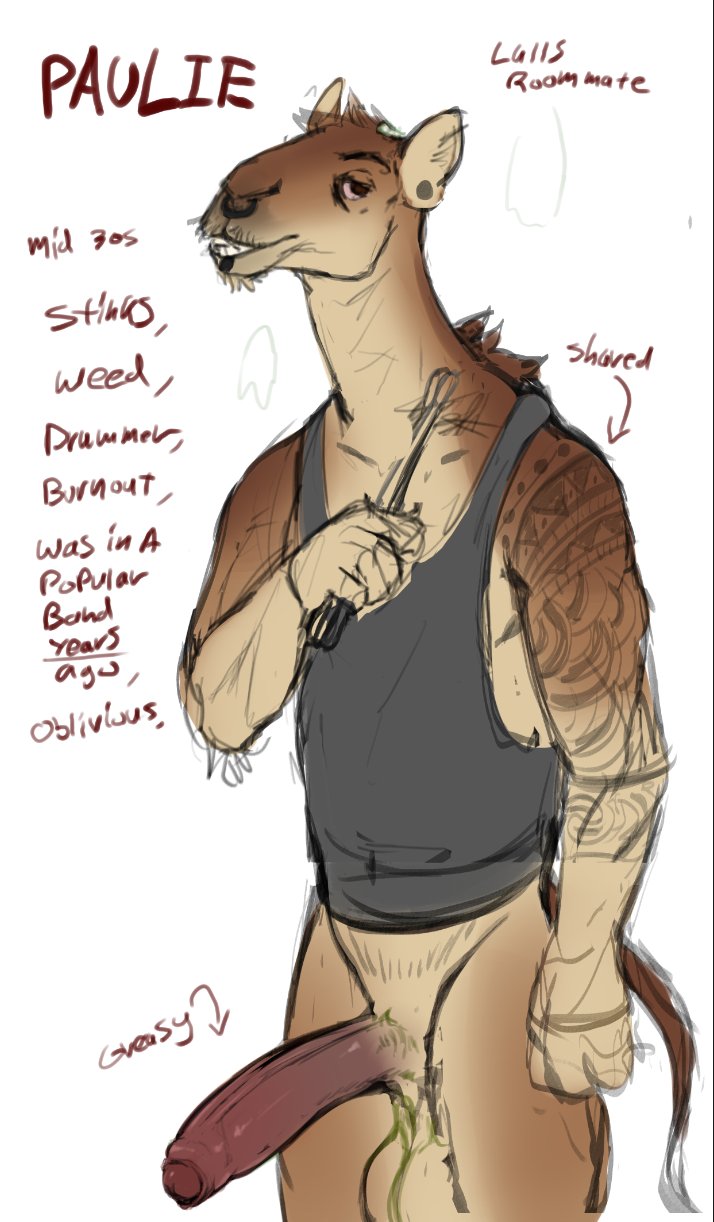 anthro bottomless bottomless_male brown_body brown_fur clothed clothing foreskin fur genitals humanoid_genitalia humanoid_penis male penis shirt simple_background solo tank_top text topwear white_background skully paulie_(skully) camelid mammal 2024 digital_drawing_(artwork) digital_media_(artwork) english_text hi_res sketch