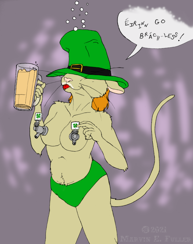 alcohol anthro beer beer_mug beer_tap beverage biped breasts clothing dialogue drunk female fur hair hat hat_over_eyes headgear headwear holidays humor living_keg nipple_analogue nipple_faucet nipples pun purple_background red_hair shamrock simple_background solo substance_intoxication tan_body tan_fur text tongue tongue_out unusual_anatomy unusual_nipples whiskers year cybercorn_entropic st._patrick's_day mammal mouse murid murine rodent 2021 artist_name irish_text translation_request