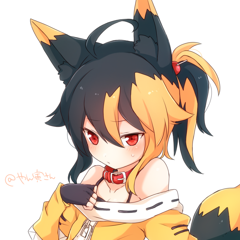 :/ ahoge animal_ear_fluff animal_ears bare_shoulders black_hair blonde_hair blush bodily_fluids clothing collar female fingerless_gloves fox_ears fox_tail furrowed_brow gloves hair handwear inner_ear_fluff jacket light_body light_skin multicolored_hair ponytail red_collar red_eyes shy simple_background solo sweat sweatdrop tail text topwear tuft two_tone_hair white_background yellow_clothing yellow_jacket_(clothing) yellow_topwear zipper higashi_shino animal_humanoid canid canid_humanoid canine canine_humanoid fox_humanoid humanoid mammal mammal_humanoid 1:1 artist_name japanese_text