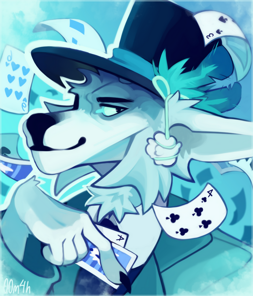 anthro blue_body blue_eyes blue_fur clothing fur hat headgear headwear magician male smile solo suit suit_symbol teal_clothing teal_suit 00m4h grant_(00m4h) canid canine mammal