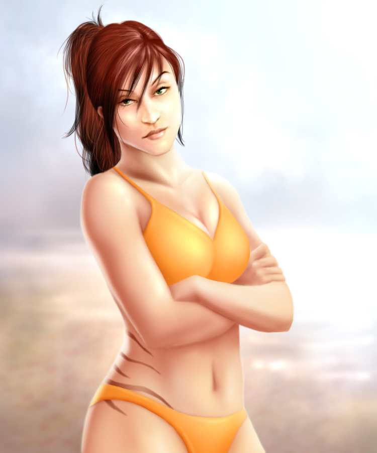 beach bikini blurred_background bottomwear breasts cleavage clothed clothing cloud crossed_arms female green_eyes hair human_only irish looking_at_viewer markings not_furry orange_bottomwear orange_clothing orange_topwear outside ponytail red_hair sand seaside sky solo stripes swimwear tight_clothing topwear two-piece_swimsuit jocarra sierra_blakely human mammal 2013 5:6 digital_media_(artwork) grandfathered_content half-length_portrait portrait reaction_image