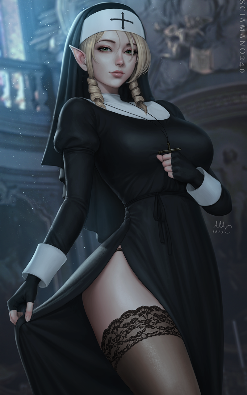 big_breasts blonde_hair breasts clothing cross cross_necklace dress drill_curls female green_eyes hair humanoid_pointy_ears jewelry legwear looking_at_viewer necklace not_furry nun nun_habit nun_outfit pointy_ears religious_clothing solo text thigh_highs sciamano240 elf humanoid 5:8 hi_res