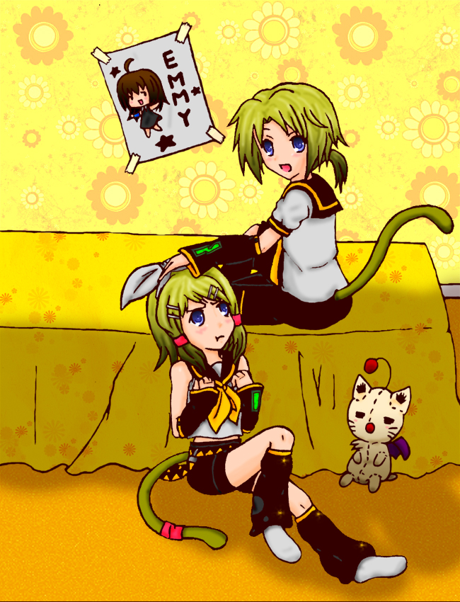 alternative_fashion antennae_(anatomy) clothed clothing doll female group j-fashion male pom_antennae sitting tail emmythecat final_fantasy final_fantasy_ix square_enix vocaloid kagamine_len kagamine_rin mikoto_(final_fantasy) zidane_tribal animal_humanoid humanoid mammal moogle tailed_humanoid digital_drawing_(artwork) digital_media_(artwork) brother_(lore) sibling_(lore) sister_(lore)