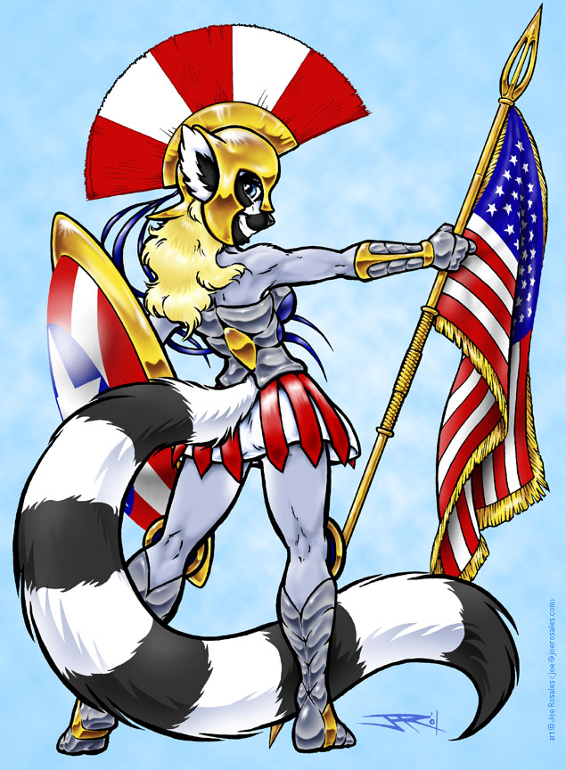 american_flag anthro armor biped black_body black_fur blonde_hair blue_eyes bottomwear clothed clothing female flag flagpole fur grey_body grey_fur grin hair long_tail looking_at_viewer looking_back patriotism politics shield skirt smile solo standing tail united_states_of_america white_body white_fur joe_rosales bronzeworld the_lemurian lemur mammal primate ring-tailed_lemur strepsirrhine 2001