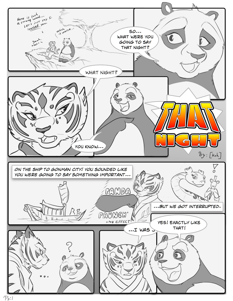 anthro dialogue female male question_mark slightly_chubby tail text koh dreamworks kung_fu_panda master_mantis master_po_ping master_tigress master_viper bear felid giant_panda mammal pantherine reptile scalie snake tiger viper comic english_text greyscale monochrome spot_color