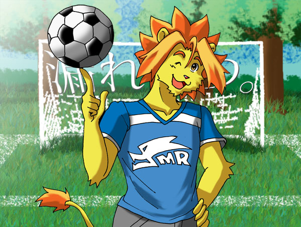 anthro ball blue_clothing blue_shirt blue_topwear clothing fur grass hand_on_hip male mane one_eye_closed open_mouth open_smile orange_mane outside plant shirt smile soccer_ball soccer_goal solo topwear yellow_body yellow_fur fruitz morenatsu soutarou_(morenatsu) felid lion mammal pantherine 2008 colored