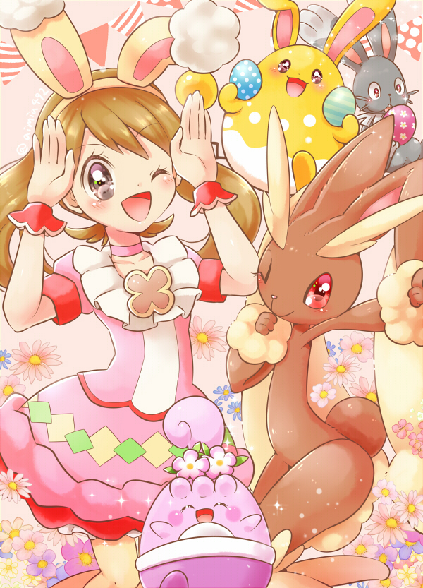 ambiguous_gender bangs blush brown_body brown_fur brown_hair clothing dress easter_egg egg fake_ears fake_rabbit_ears female feral flower fur grey_body group hair holidays long_ears one_eye_closed open_mouth pink_clothing pink_dress plant yellow_body aimia492 easter nintendo pokemon pokemon_masters may_(pokemon) pokemon_trainer azumarill bunnelby generation_2_pokemon generation_4_pokemon generation_6_pokemon happiny human lopunny mammal pokemon_(species) shiny_pokemon