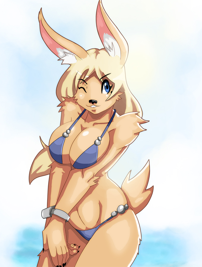 anthro big_breasts bikini bracelet breasts clothed clothing female huge_breasts inner_ear_fluff jewelry one_eye_closed solo swimwear tuft two-piece_swimsuit wink angsthewicked lagomorph leporid mammal rabbit