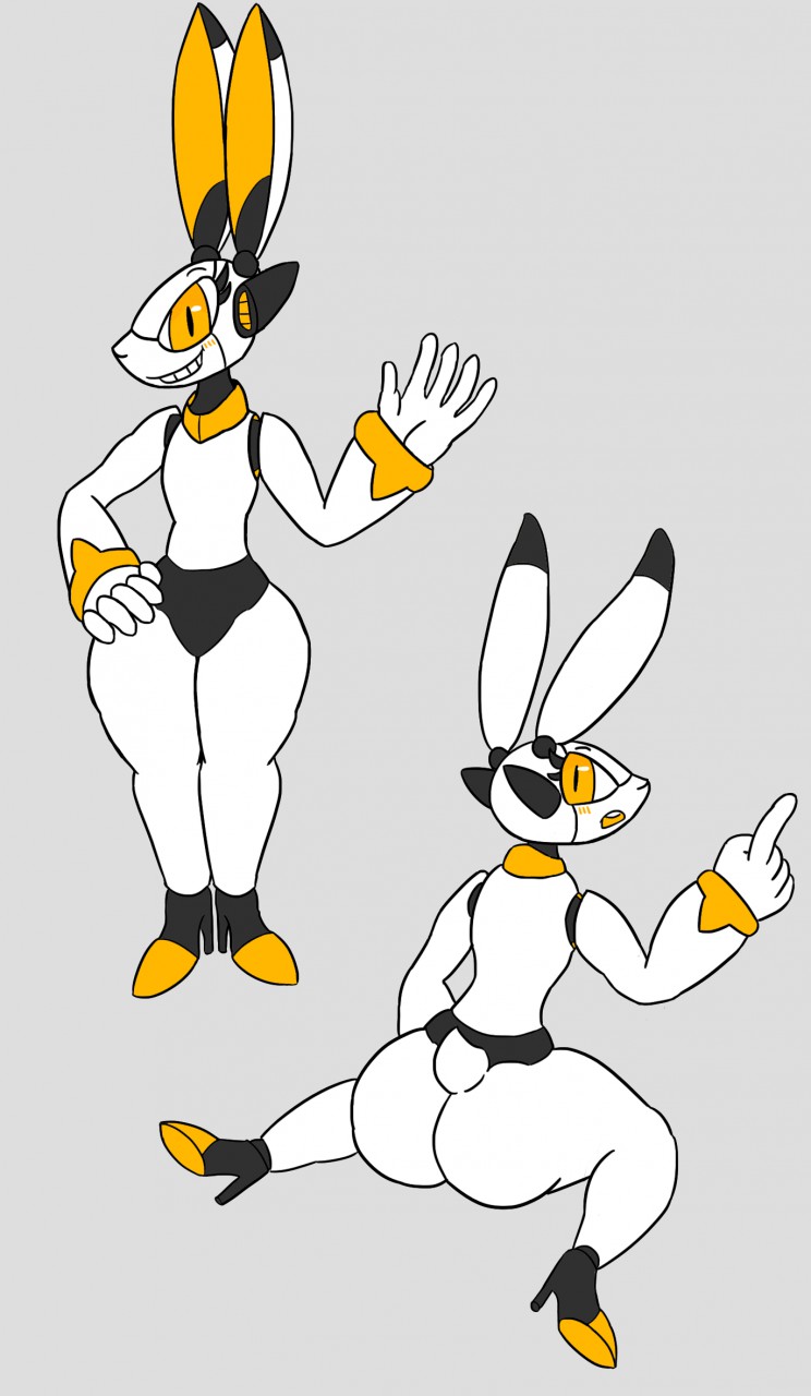 5_fingers anthro butt fingers front_view machine male rear_view scut_tail short_tail smile solo tail white_body yellow_eyes jiqqy 13un lagomorph leporid mammal rabbit robot hi_res model_sheet