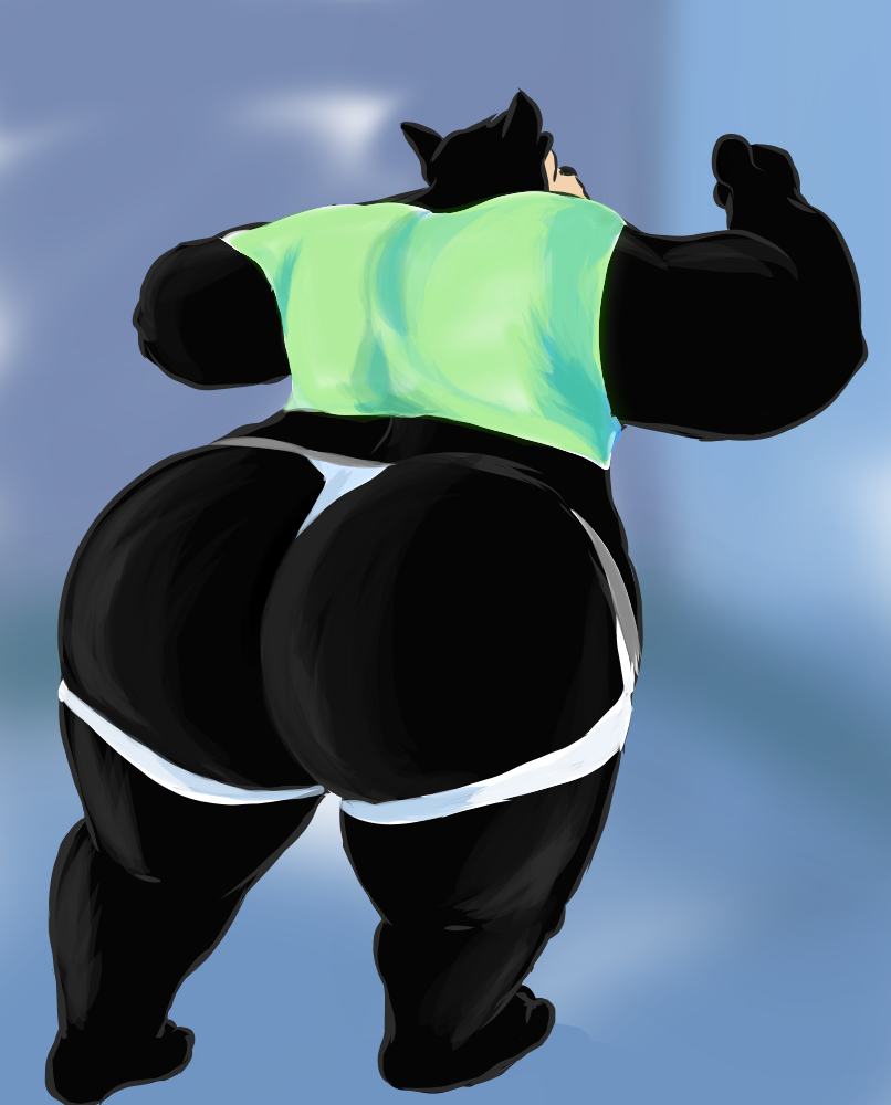 anthro belly big_butt black_body black_fur butt fur huge_butt male overweight overweight_male rear_view slightly_chubby slightly_chubby_male solo gaek disney goof_troop pj_(goof_troop) domestic_cat felid feline felis mammal redraw