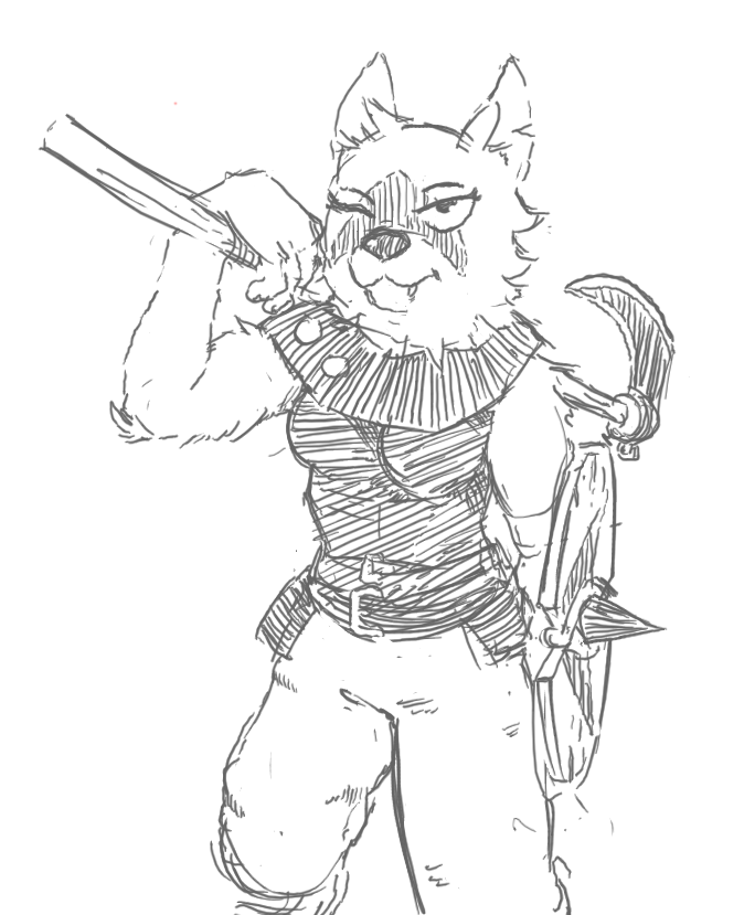 anthro armor bearded_axe clothing crossgender female fur fur_markings markings one_eye_closed scar shield simple_background smile solo white_background white_body white_fur smekbo latchkey_kingdom holden_(ridentem) canid canine fox mammal yuman monochrome