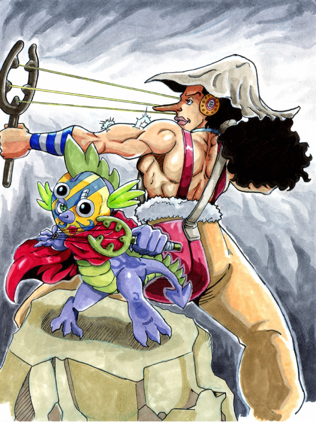 cape clothing duo hat headgear headwear long_nose male mask muscular ranged_weapon rock slingshot tail weapon irie-mangastudios friendship_is_magic hasbro my_little_pony mythology one_piece spike_(mlp) usopp dragon human mammal mythological_creature mythological_scalie scalie 2013 crossover traditional_media_(artwork)