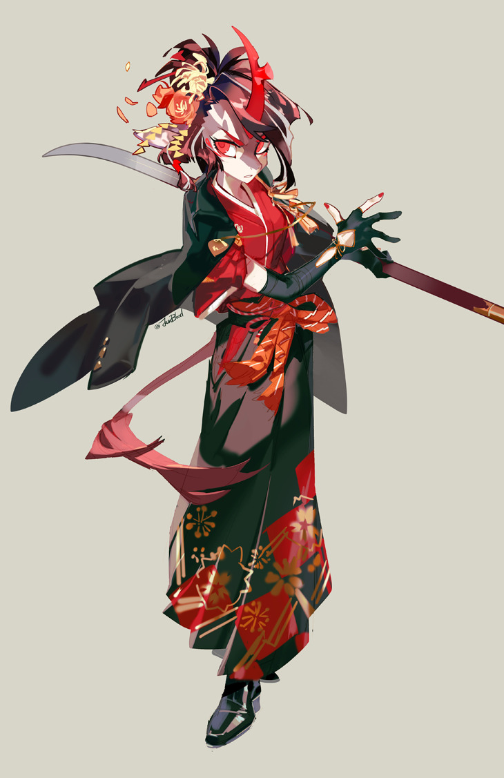 accessory anthro asian_clothing clothing east_asian_clothing female flower flower_in_hair grey_background hair hair_accessory holding_melee_weapon holding_object holding_sword holding_weapon horn melee_weapon plant red_eyes simple_background solo sword weapon kuroblood arknights hypergryph mythology studio_montagne fumizuki_(arknights) dragon mythological_creature mythological_scalie scalie 2017